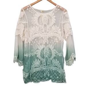 White Green Lace Long Sleeve Sheer Top Cover Up Ombre S